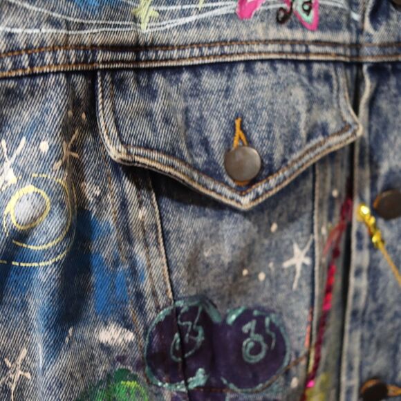 Vintage 80s Sport Deco Hand Painted Hollywood Denim Jacket Sequins Medium - Picture 16 of 16